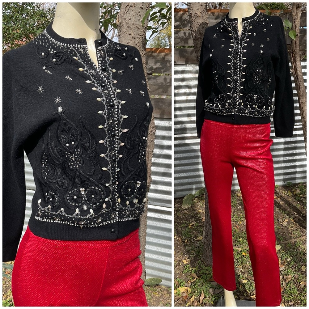 VTG Black Beaded Embroidered Angora Cardigan Sweater Small